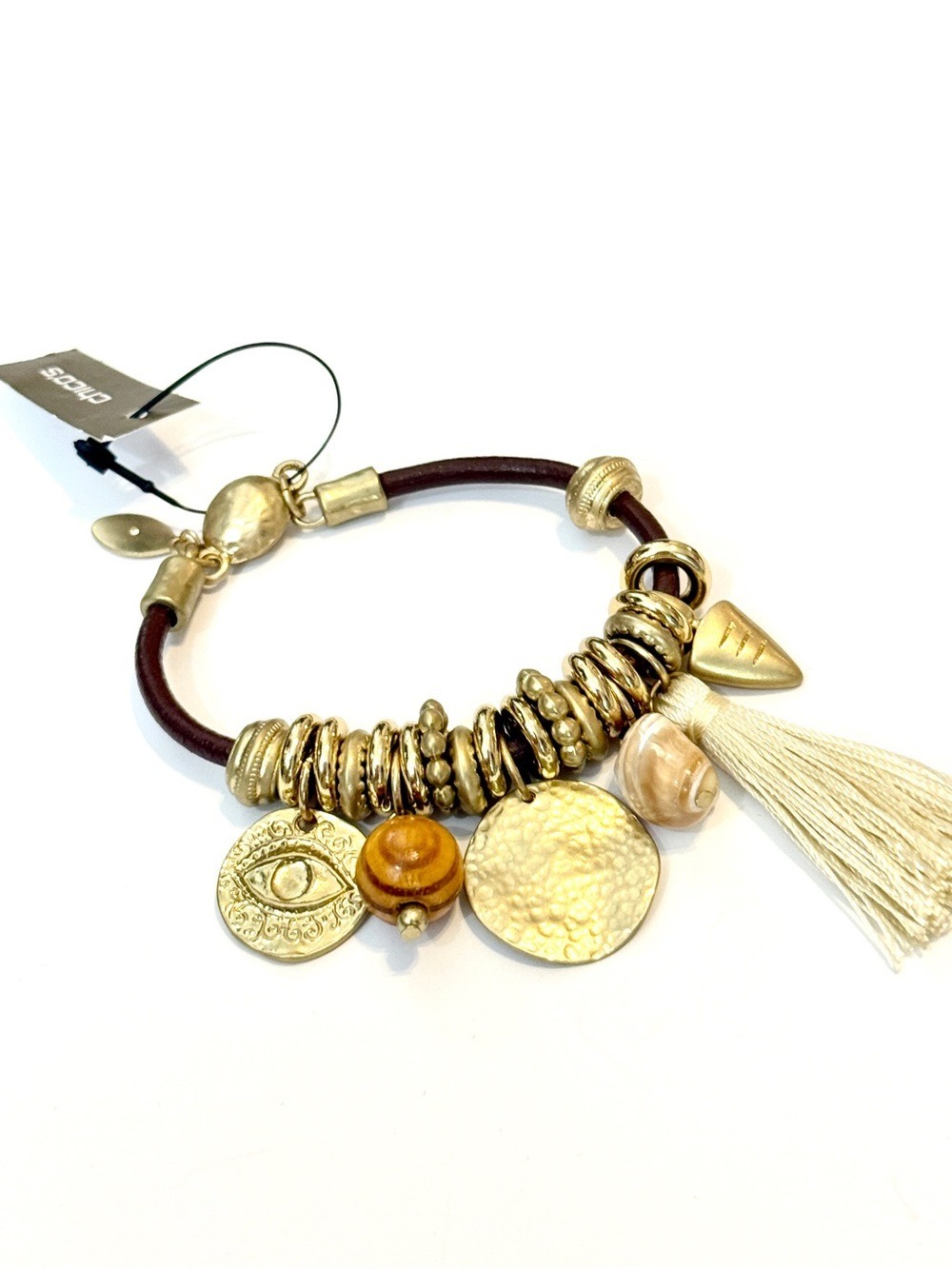 CHICO’S Boho Leather Cord Gold Charm Bracelet w Tassel | NWT